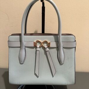 Kate Spade Baby Blue Leather Medium Satchel with crossbody strap.